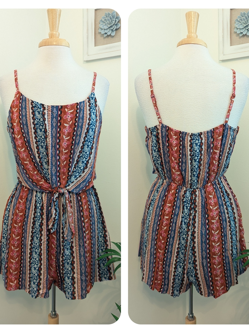 As U Wish Striped Floral Boho Hippie Tie Front Romper Rust Orange Blue Large